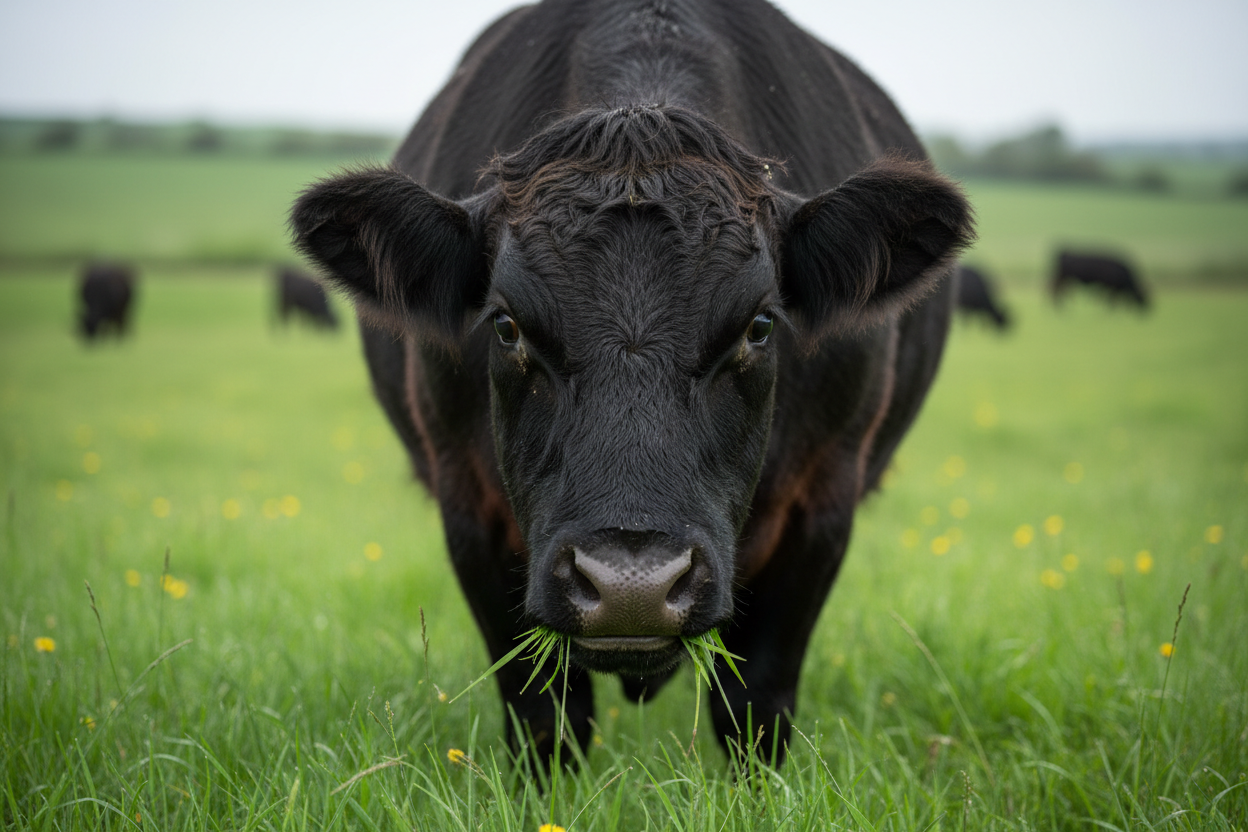 close up of a angus black cow in a green pasture